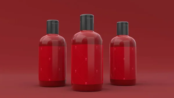 Elegantes Botellas Cosméticas Con Etiqueta Primer Plano Sobre Fondo Rojo — Foto de Stock