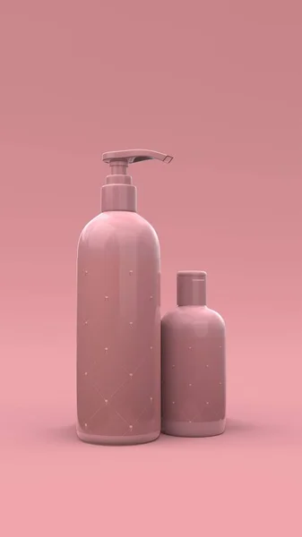 Elegante Cosmetische Flessen Met Label Close Roze Achtergrond Modern Hoesontwerp — Stockfoto