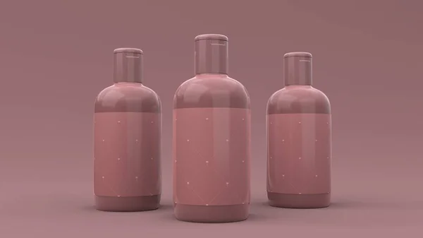 Elegantní Kosmetické Láhve Etiketou Detailně Béžovém Pozadí Moderní Design Obalu — Stock fotografie