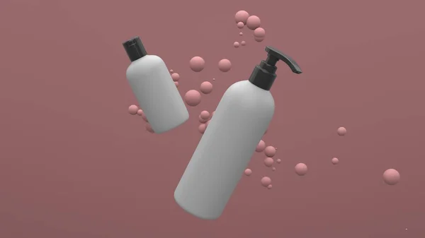 Elegant Cosmetic Bottles Flying Air Red Background Floating Spheres Modern — Stock Photo, Image