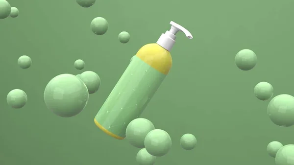 Garrafa Cosmética Elegante Com Etiqueta Voando Fundo Verde Com Esferas — Fotografia de Stock