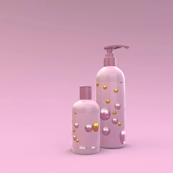 Елегантні Косметичні Пляшки Етикеткою Крупним Планом Рожевому Фоні Сучасний Дизайн — стокове фото