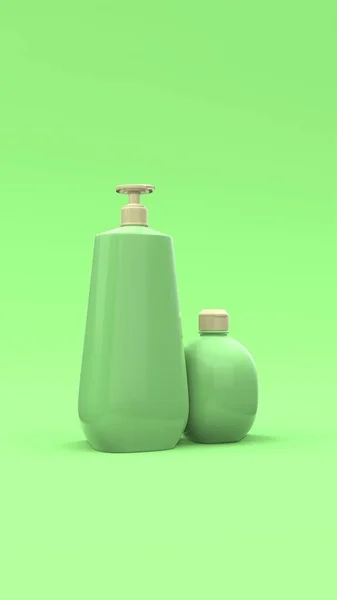 Eleganckie Butelki Kosmetyczne Zbliżenie Zielonym Tle Nowoczesny Projekt Przykrywki Ilustracja — Zdjęcie stockowe