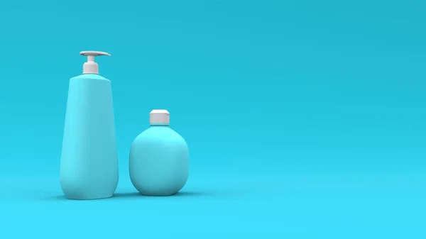 Elegantes Botellas Cosméticas Primer Plano Sobre Fondo Azul Diseño Portada — Foto de Stock