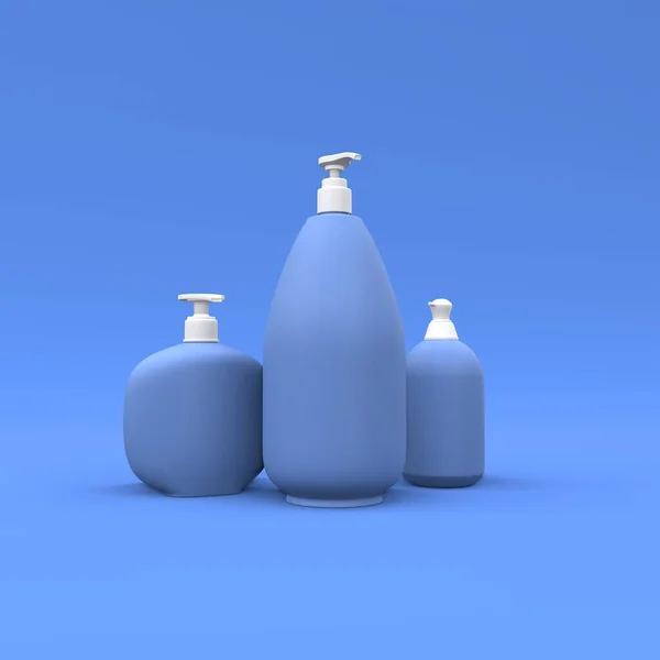 Élégantes Bouteilles Cosmétiques Sur Fond Bleu Design Couverture Moderne Illustration — Photo