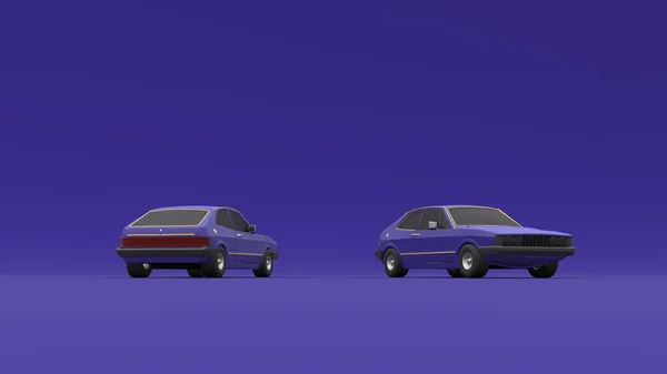 古いファッションカーを見て スタジオは紫色の背景にレンダリングします 明るい近代的な車のデザイン 3Dイラスト — ストック写真
