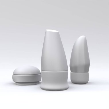 Terleme önleyici deodorantların üzerindeki boş rulo şablonları. Beyaz arka planda vücut hijyeni için gerçekçi plastik paketler. Modern kapak tasarımı. 3d illüstrasyon.