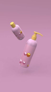 Zarif kozmetik şişeleri pembe arka planda havada uçuşuyor. Modern kapak tasarımı. 3d illüstrasyon.