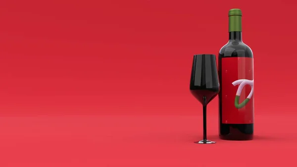 Elegant wine bottle with label and the glass on red background. Modern cover design. 3d illustration.