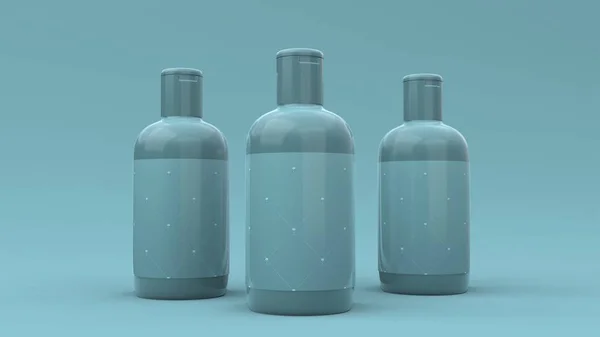 Elegantes Botellas Cosméticas Con Etiqueta Primer Plano Sobre Fondo Azul — Foto de Stock