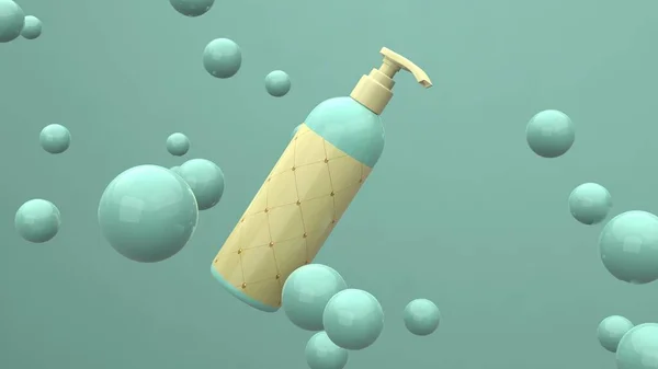 Havada yeşil arka planda yüzen kürelerle uçan etiketli zarif bir kozmetik şişesi. Modern kapak tasarımı. 3d illüstrasyon.
