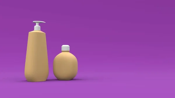 Elegantes Botellas Cosméticas Primer Plano Sobre Fondo Violeta Diseño Portada —  Fotos de Stock