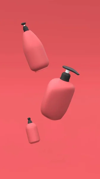 Garrafas Cosméticas Elegantes Voando Sobre Fundo Vermelho Design Capa Moderna — Fotografia de Stock