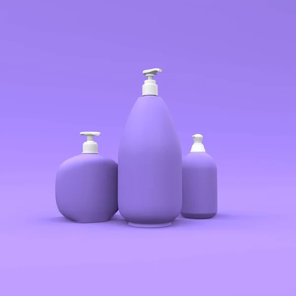 Mor arka planda zarif kozmetik şişeler. Modern kapak tasarımı. 3d illüstrasyon.