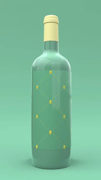 Elegant wine bottle with label on green background. Modern cover design. 3d illustration.