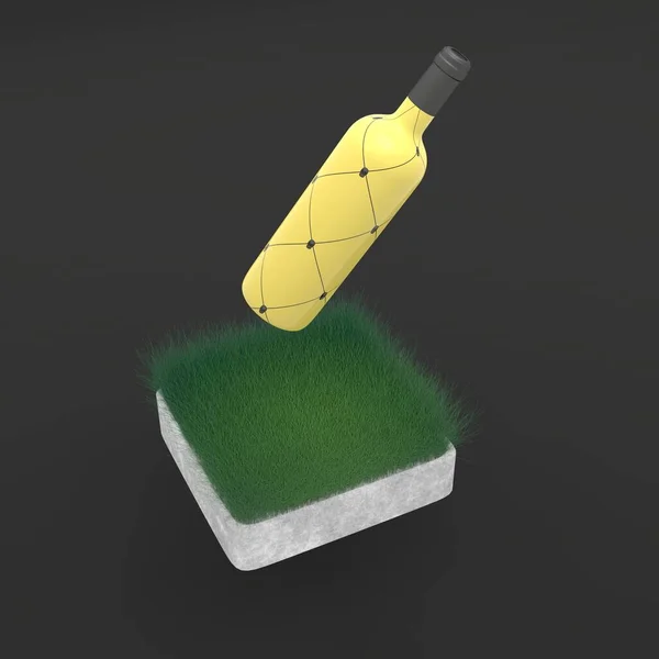 草块和悬浮酒瓶在它上面 现代封面设计 3D说明 — 图库照片