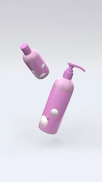 Elegantes Botellas Cosméticos Volando Aire Sobre Fondo Blanco Diseño Portada — Foto de Stock