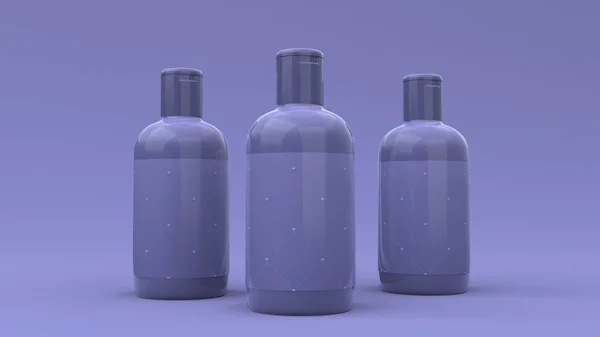 Élégantes Bouteilles Cosmétiques Avec Étiquette Gros Plan Sur Fond Violet — Photo