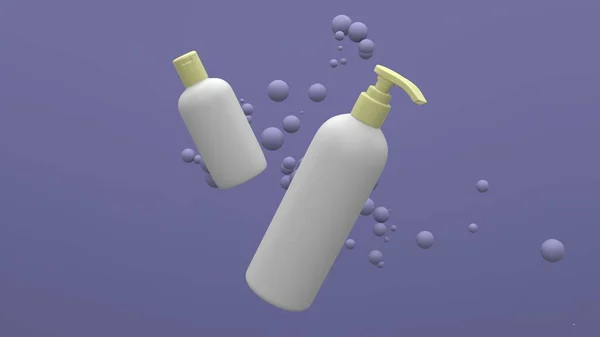 Élégantes Bouteilles Cosmétiques Volant Dans Les Airs Sur Fond Violet — Photo