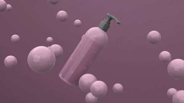 Elegante Botella Cosmética Con Etiqueta Volando Aire Sobre Fondo Violeta —  Fotos de Stock