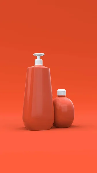 Elegante Cosmetische Flessen Close Rode Achtergrond Modern Hoesontwerp Illustratie — Stockfoto