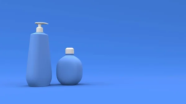 Elegantes Botellas Cosméticas Primer Plano Sobre Fondo Azul Diseño Portada —  Fotos de Stock