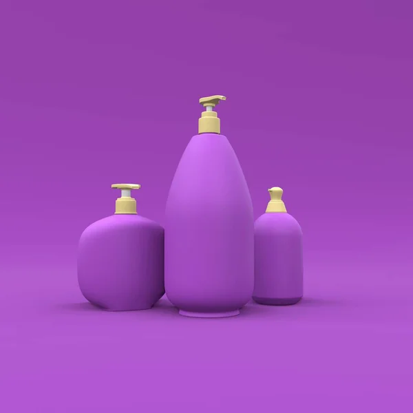 Elegantes Botellas Cosméticos Sobre Fondo Violeta Diseño Portada Moderno Ilustración — Foto de Stock