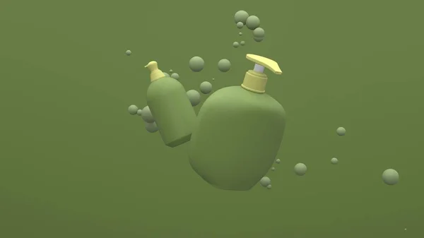 Елегантні Косметичні Пляшки Летять Повітрі Зеленому Тлі Плаваючою Сферою Сучасний — стокове фото