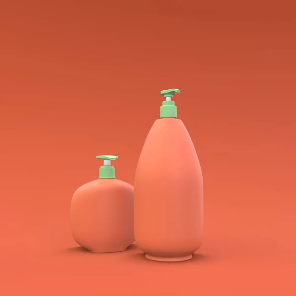 Елегантні Косметичні Пляшки Крупним Планом Червоному Тлі Сучасний Дизайн Обкладинки — стокове фото