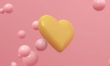 Pembe arka planda yüzen kürelerle havada uçuşan kocaman parlak bir kalp. Modern kapak tasarımı. 3d illüstrasyon.