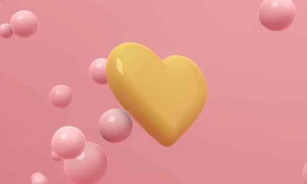 Pembe arka planda yüzen kürelerle havada uçuşan kocaman parlak bir kalp. Modern kapak tasarımı. 3d illüstrasyon.