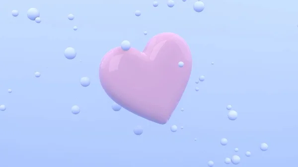Grande Coração Brilhante Voando Fundo Azul Com Esferas Flutuantes Design — Fotografia de Stock
