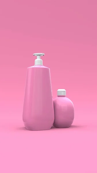 Elegantes Botellas Cosméticas Primer Plano Sobre Fondo Rosa Diseño Portada — Foto de Stock