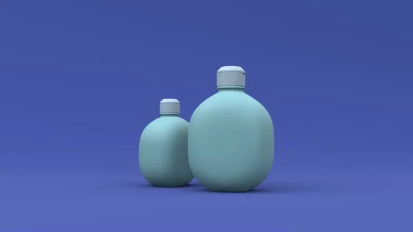 Elegantes Botellas Cosméticas Primer Plano Sobre Fondo Azul Diseño Portada —  Fotos de Stock