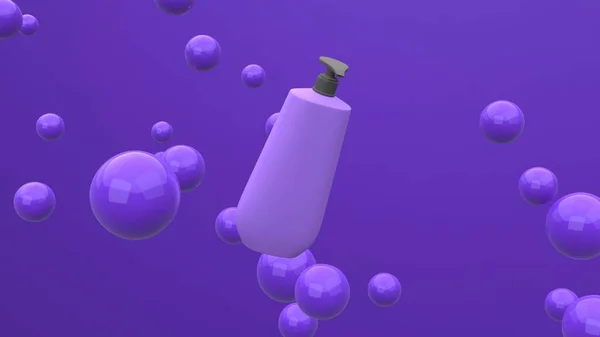 Elegante Botella Cosmética Volando Aire Sobre Fondo Violeta Con Esferas —  Fotos de Stock