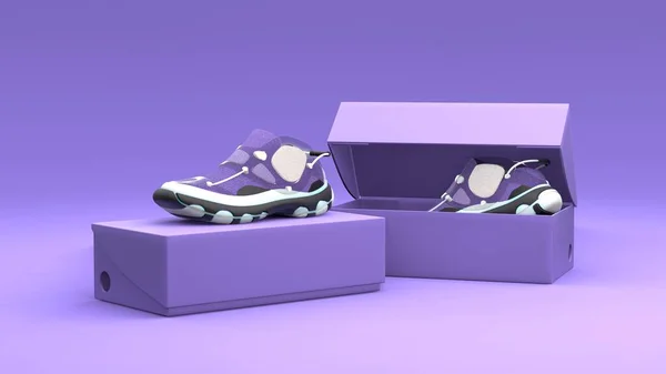 Concept Chaussures Avec Boîte Sur Fond Violet Design Moderne Illustration — Photo