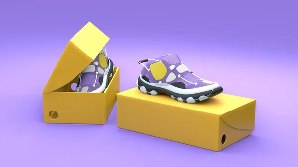 紫色の背景にボックスパッケージと履物の概念 モダンなデザイン 3Dイラスト — ストック写真