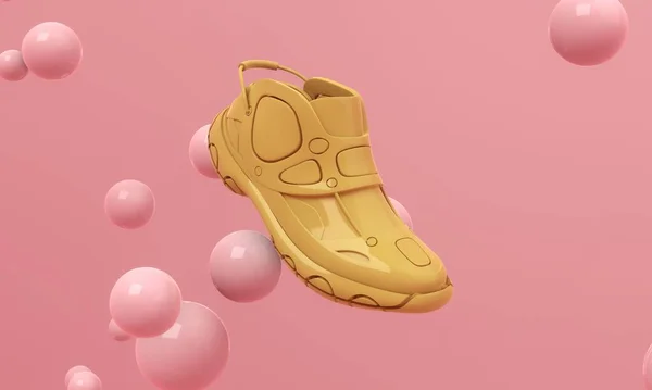 Zapato Volando Aire Sobre Fondo Rosa Con Esferas Flotantes Diseño — Foto de Stock