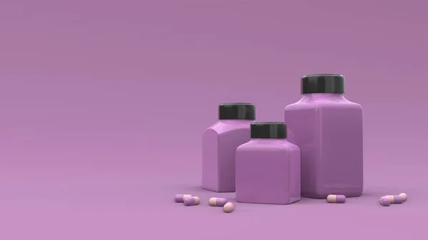 Medicamentos Botellas Plástico Con Pastillas Alrededor Fondo Violeta Diseño Del —  Fotos de Stock