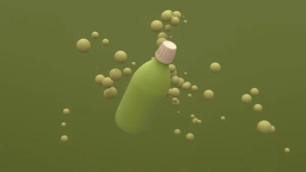 Botella Plástico Volando Aire Sobre Fondo Verde Con Esferas Flotantes —  Fotos de Stock