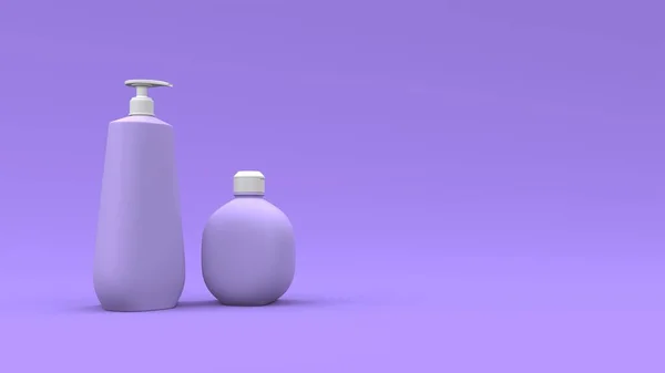 Mor arka planda zarif kozmetik şişeler. Modern kapak tasarımı. 3d illüstrasyon.