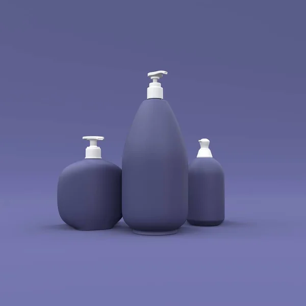 Elegantes Botellas Cosméticos Sobre Fondo Azul Diseño Portada Moderno Ilustración —  Fotos de Stock