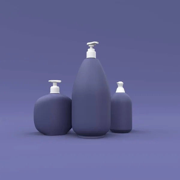 Mavi arka planda zarif kozmetik şişeler. Modern kapak tasarımı. 3d illüstrasyon.