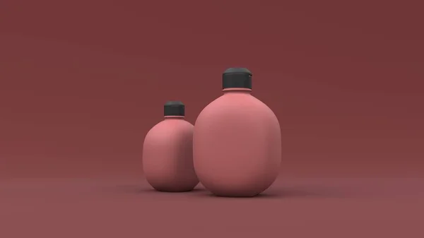Elegantes Botellas Cosméticas Primer Plano Sobre Fondo Rojo Diseño Portada —  Fotos de Stock