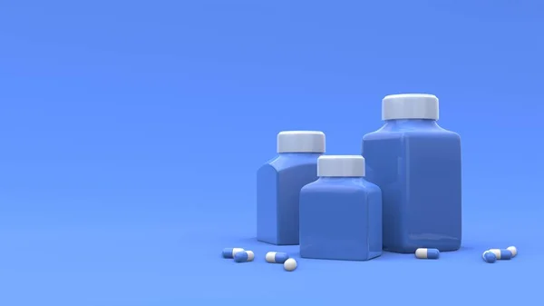 Flacons Plastique Médicinal Avec Des Pilules Autour Sur Fond Bleu — Photo
