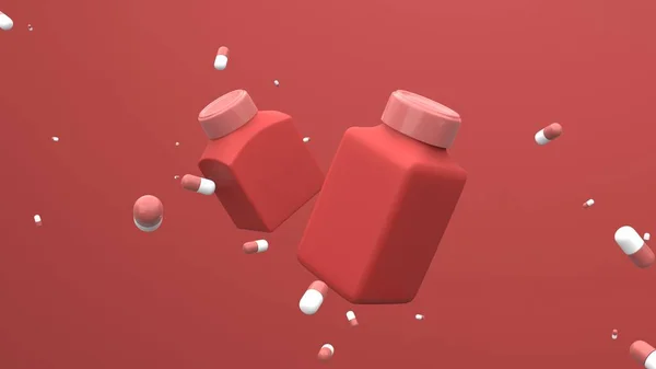 Gyógyszer Műanyag Palackok Repül Levegőben Piros Háttér Lebegő Tabletták Gyógyszer — Stock Fotó