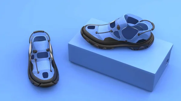 青い背景にボックスパッケージと履物の概念 モダンなデザイン 3Dイラスト — ストック写真