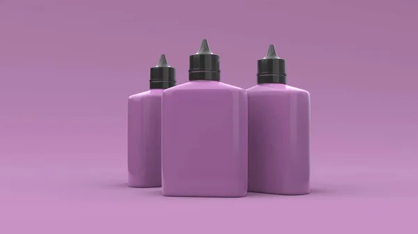 Menekşe arkaplanındaki üç plastik şişenin maketi. Paket tasarımı. 3d illüstrasyon.