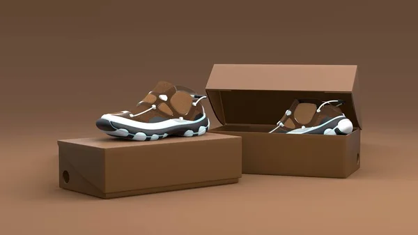 Kahverengi arka planda kutu paketi olan ayakkabı konsepti. Paket tasarımı. 3d illüstrasyon.