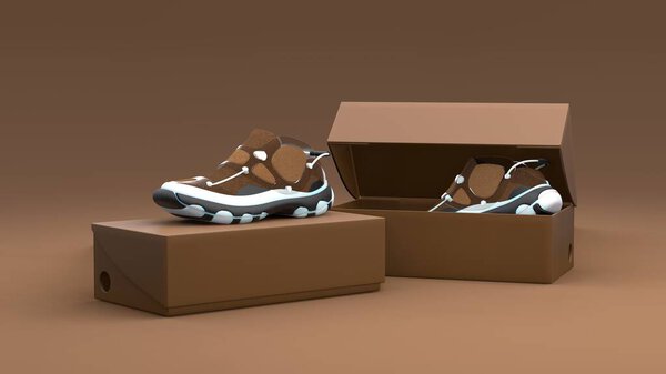 Footwear concept with box package on brown background. Package design. 3d illustration.